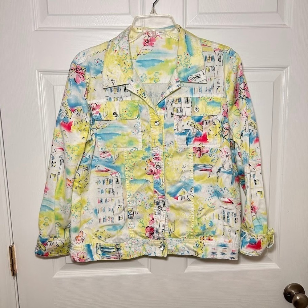 Women Watercolor Landscape Floral Denim Jacket Button Front Collared Art Print